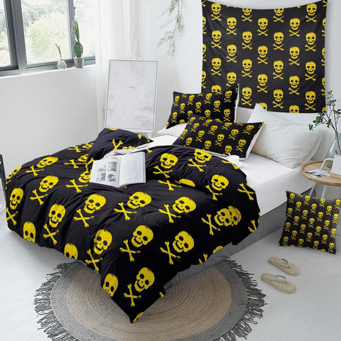 Image of Yellow Black Skull Comforter Set - Beddingify