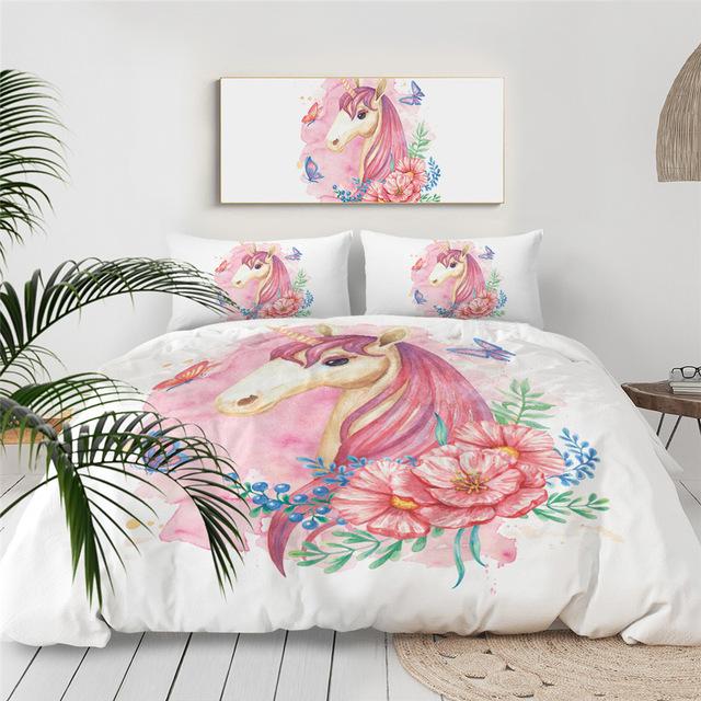 Unicorn Floral Girly Comforter Set - Beddingify
