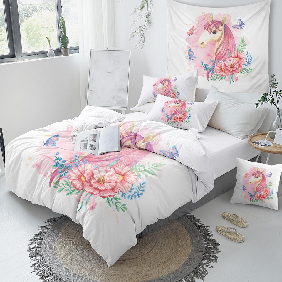 Unicorn Floral Girly Comforter Set - Beddingify