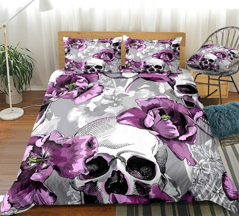 Image of Violet Tulips Flowers and Skulls Bedding Set - Beddingify