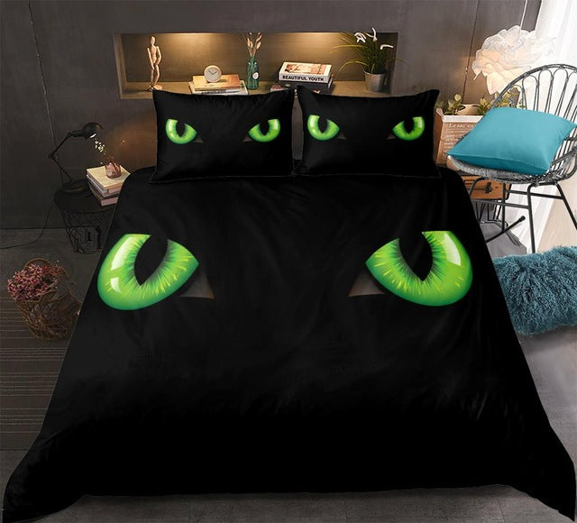 3D Cat Green Eye Black Bedding Set - Beddingify