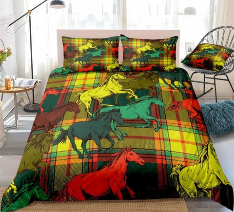 Image of Colorful Horses Running Checkered BeddingSet - Beddingify