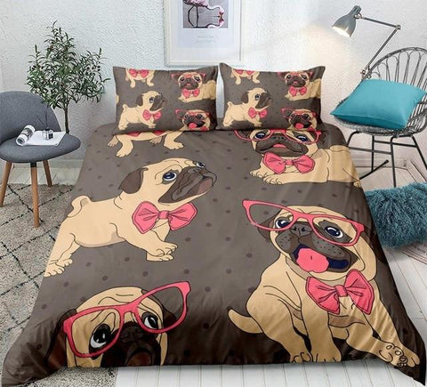 Image of Cartoon Pug Dog with Pink Glasses Comforter Set - Beddingify