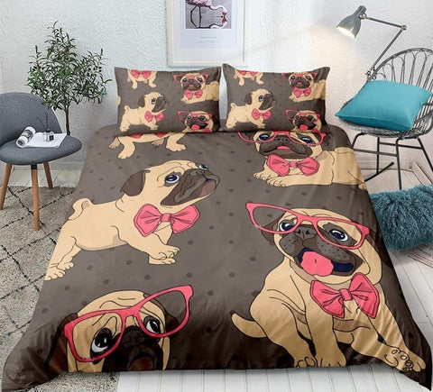 Image of Cartoon Pug Dog with Pink Glasses Bedding Set - Beddingify