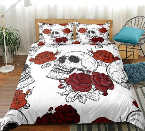 Image of White Skull with Roses Bedding Set - Beddingify
