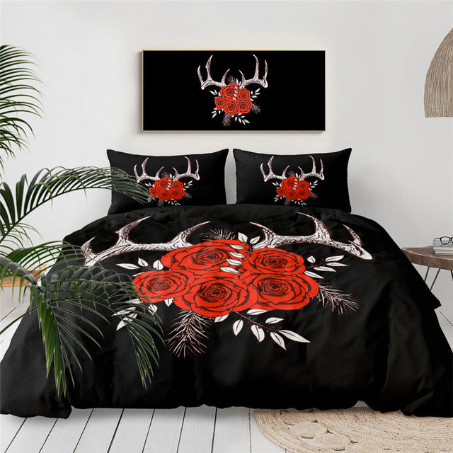 Red Roses Antlers Bedding Set - Beddingify