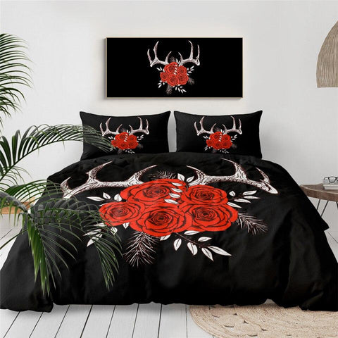 Image of Red Roses Antlers Comforter Set - Beddingify