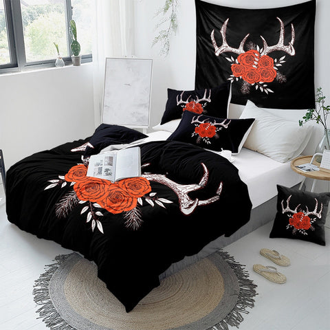 Image of Red Roses Antlers Bedding Set - Beddingify