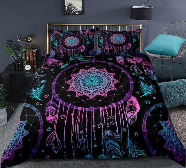 Purple Dreamcatcher Boho Feathers Bedding Set - Beddingify
