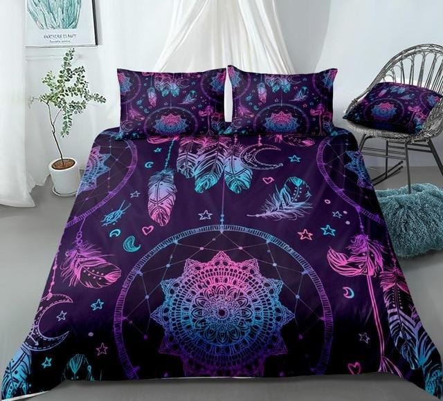 Blue Purple Dreamcatcher with Feathers and Moon Bedding Set - Beddingify