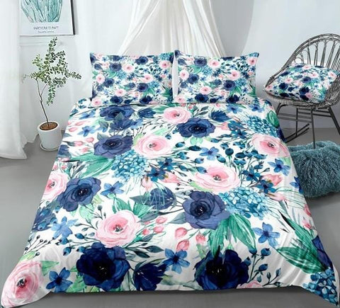 Image of Watercolor Blue Pink Flora Bedding Set - Beddingify