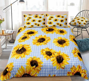 Blue White Plaid Sunflowers Bedding Set - Beddingify