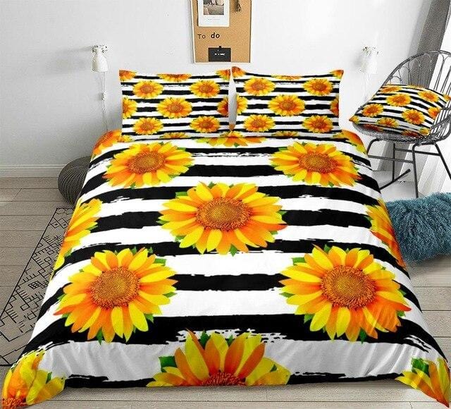 Black White Stripe Sunflowers Bedding Set - Beddingify