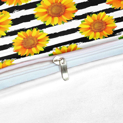 Image of Black White Stripe Sunflowers Bedding Set - Beddingify