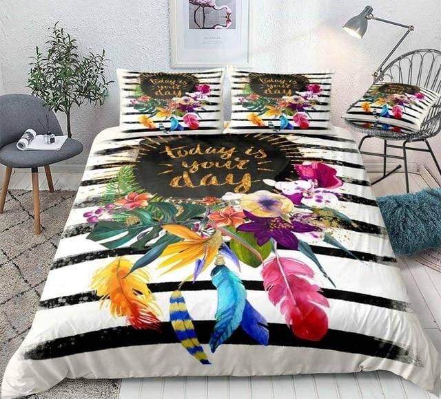 Black Stripe Floral Bedding Set - Beddingify