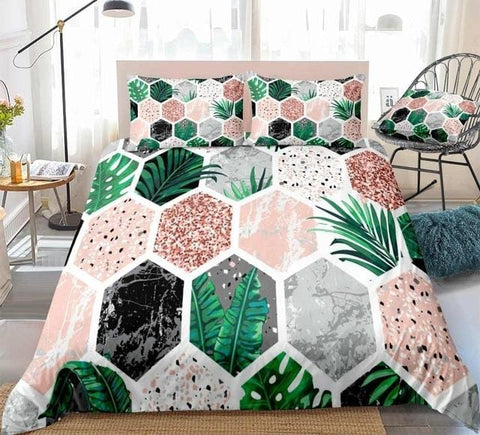 Image of Marble Tropical Leaves Pink Glitter Bedding Set - Beddingify