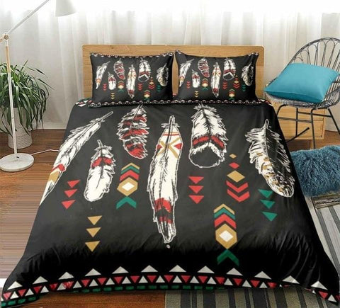 Image of Black Ethnic Feathers Bohemian Bedding Set - Beddingify