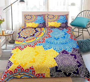 Mandala Blue Yellow Boho Flowers Bedding Set - Beddingify