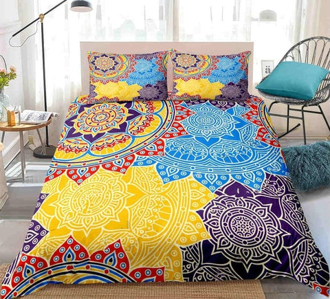 Image of Mandala Blue Yellow Boho Flowers Bedding Set - Beddingify
