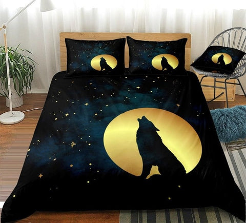 Image of Howling Wolf in Golden Moon Stars Bedding Set - Beddingify