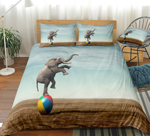 Image of 3D Elephant Balancing on a Beach Ball Bedding Set - Beddingify