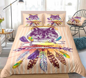Boho Wolf Feathers Stripe Bedding Set - Beddingify
