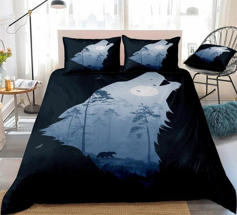 Image of Howling Wolf Night Forest Bedding Set - Beddingify