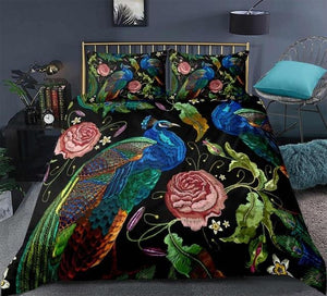 Retro-antiquity Flowers Peacock  Print  Comforter Set - Beddingify