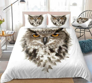 3D Owl with Ears and Yellow Eyes White Bedding Set - Beddingify
