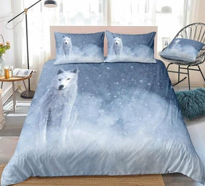White Wolf Sitting In Snow Bedding Set - Beddingify