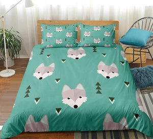 Cartoon Wolf Green Bedding Set - Beddingify