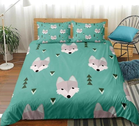 Image of Cartoon Wolf Green Bedding Set - Beddingify