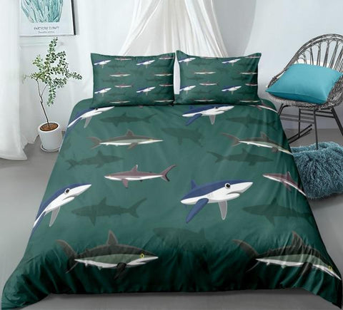 Image of Shark In Ocean Green Bedding Set - Beddingify