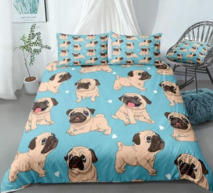 Cartoon Pugs Blue Bedding Set - Beddingify