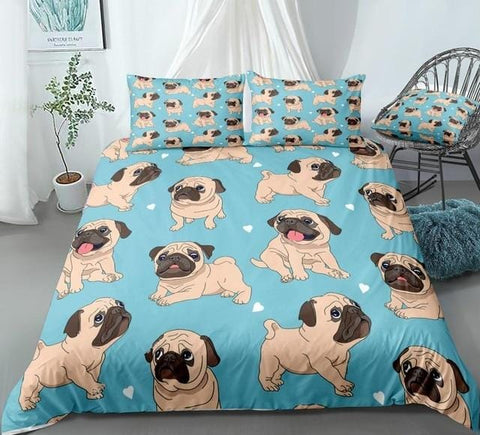 Image of Cartoon Pugs Blue Bedding Set - Beddingify