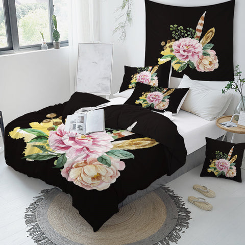 Image of Black Background Flowers Bedding Set - Beddingify