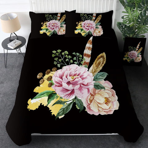 Image of Black Background Flowers Comforter Set - Beddingify