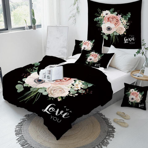 Image of Black Bacground Roses Comforter Set - Beddingify