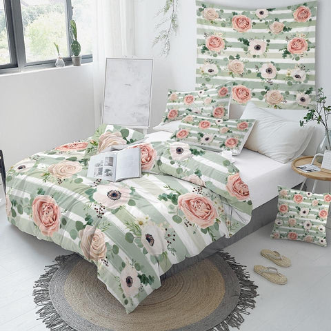 Image of Stripe Pink Flowers Comforter Set - Beddingify