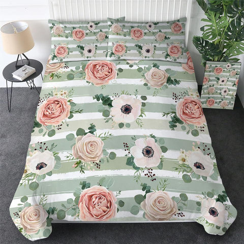 Image of Stripe Pink Flowers Comforter Set - Beddingify