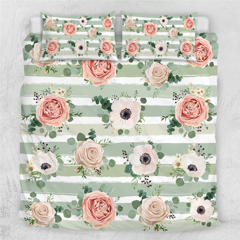 Image of Stripe Pink Flowers Bedding Set - Beddingify