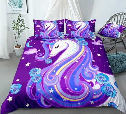 Image of Purple Unicorn with Roses Bedding Set - Beddingify