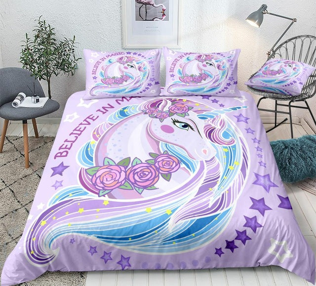 Purple Unicorn with Roses Bedding Set - Beddingify