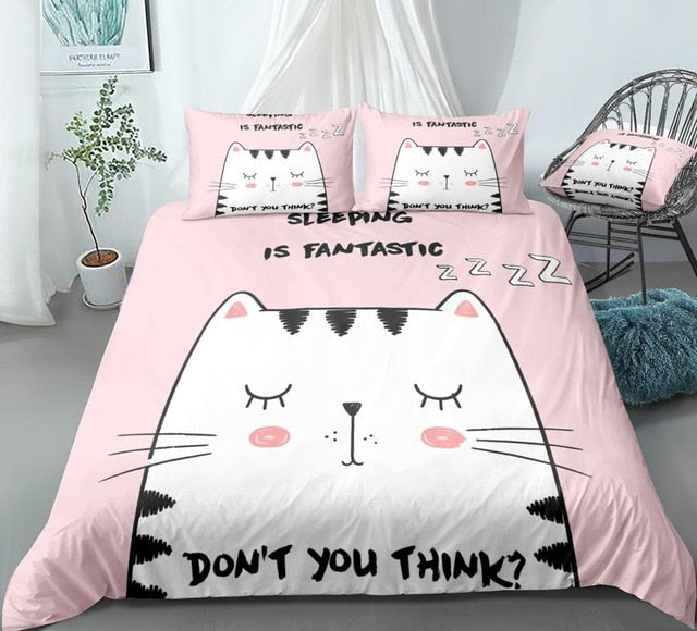 Pink Cartoon Cat Bedding Set - Beddingify