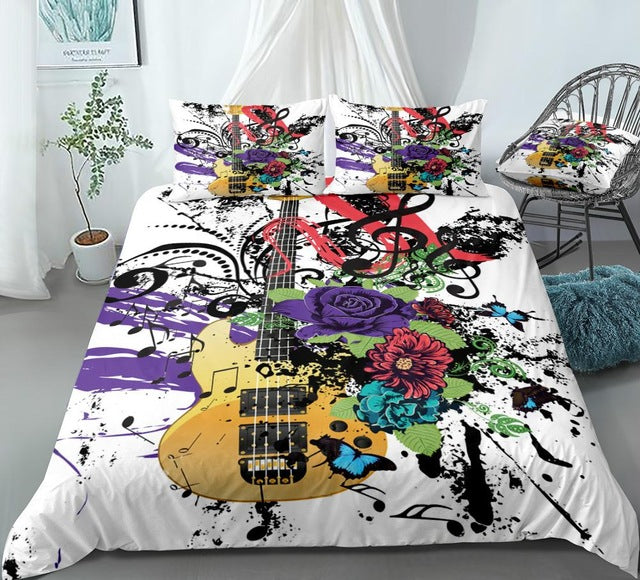 Colorful Guitar Flowers Butterflies Bedding Set - Beddingify