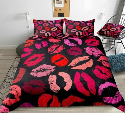 Image of Red Pink Lips Kisses Bedding Set - Beddingify