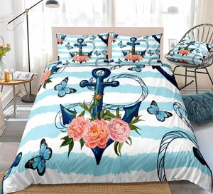 Butterflies Palm Leaves Blue Anchor Bedding Set - Beddingify