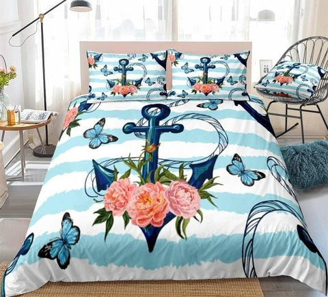 Image of Butterflies Palm Leaves Blue Anchor Bedding Set - Beddingify