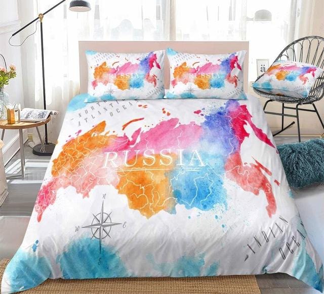 Colorful Watercolor Abstract Russia Map White Bedding Set - Beddingify