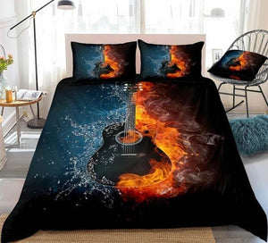 3D Black Guitar on Fire and Water Bedding Set - Beddingify